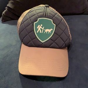 Blue/green Camping with Dogs snapback trucker hat (adjustable, unisex)